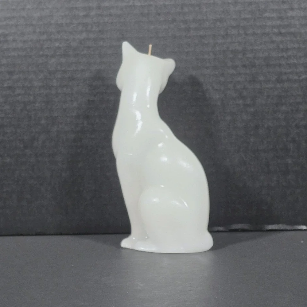 Sitting Cat Figural Candle White Wax MCM‎ Style Animal Decor 8.5 Inch